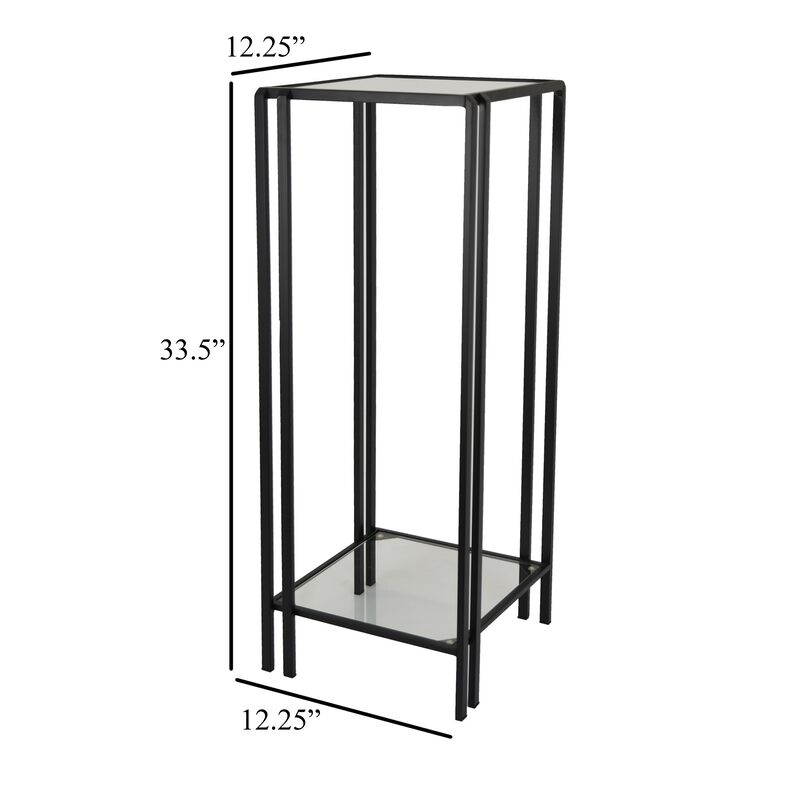 Buckley Plant Stand Table, Black Metal, Square Mirrored Top, 34 Inch - Benzara