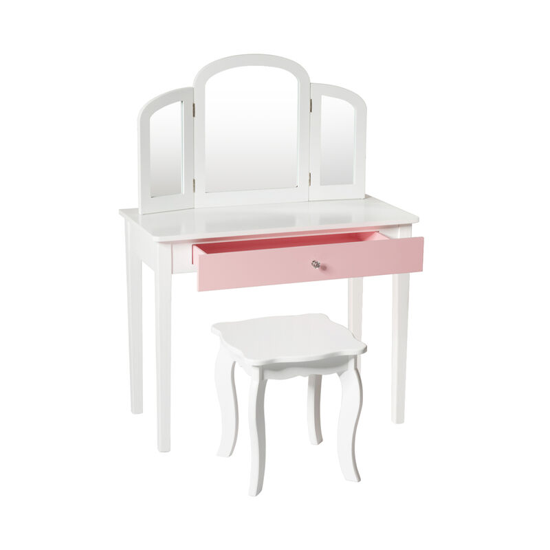 Kids Princess Make Up Dressing Table with Tri-folding Mirror and Chair