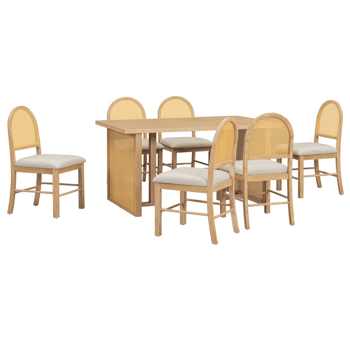 Merax 7-Piece Farmhouse Dining Set with Rattan Chairs