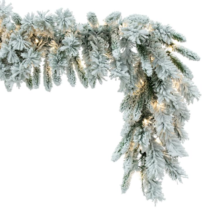 Vickerman 9' Snow Ridge Artificial Christmas Garland - Pure White LED Lights - Faux Snowy Christmas Garland - Flocked Garland - Indoor Seasonal Home Decor