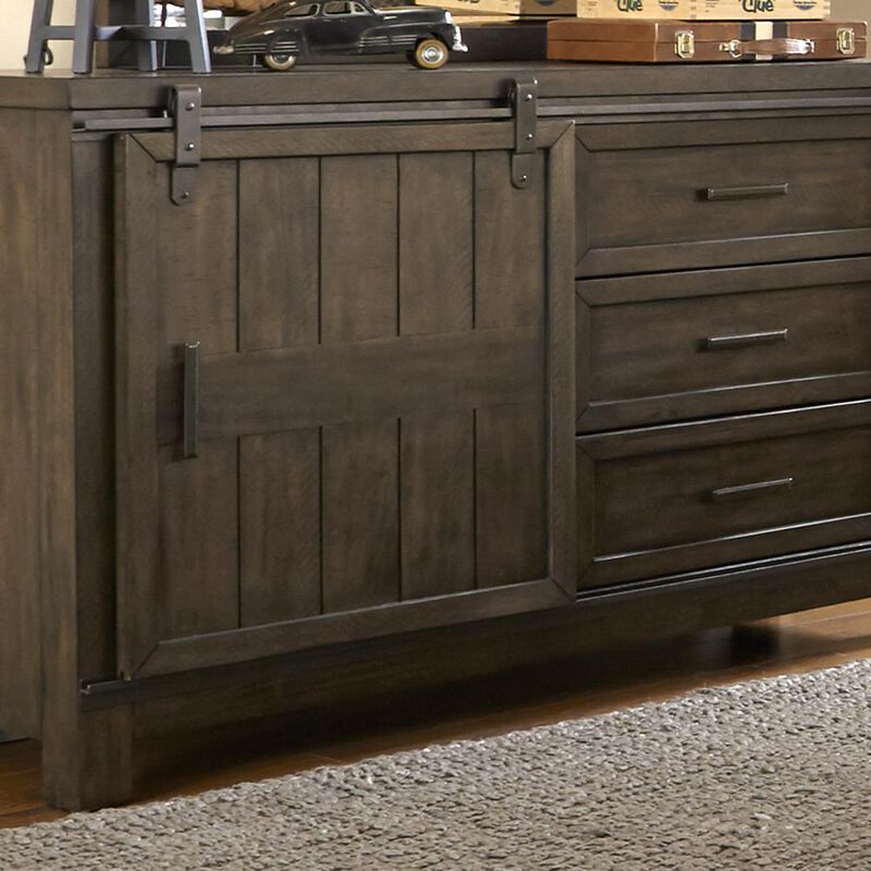 Liberty Furniture Thornwood Hills Dresser & Mirror in Rock Beaten Brown w/ Saw Cuts image number 4