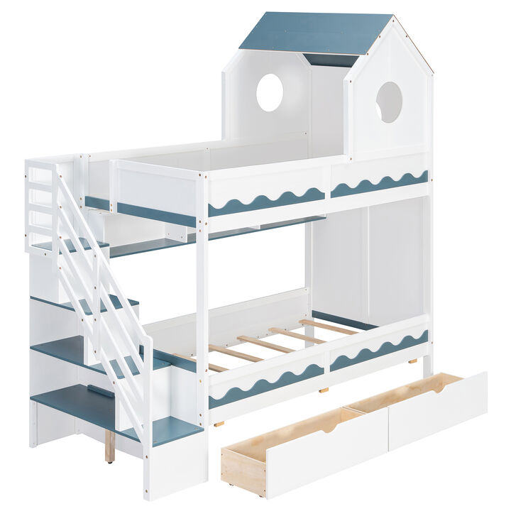 Merax Twin Size Castle Bunk Bed with Wave Texture, LED Lights & Storage Staircase