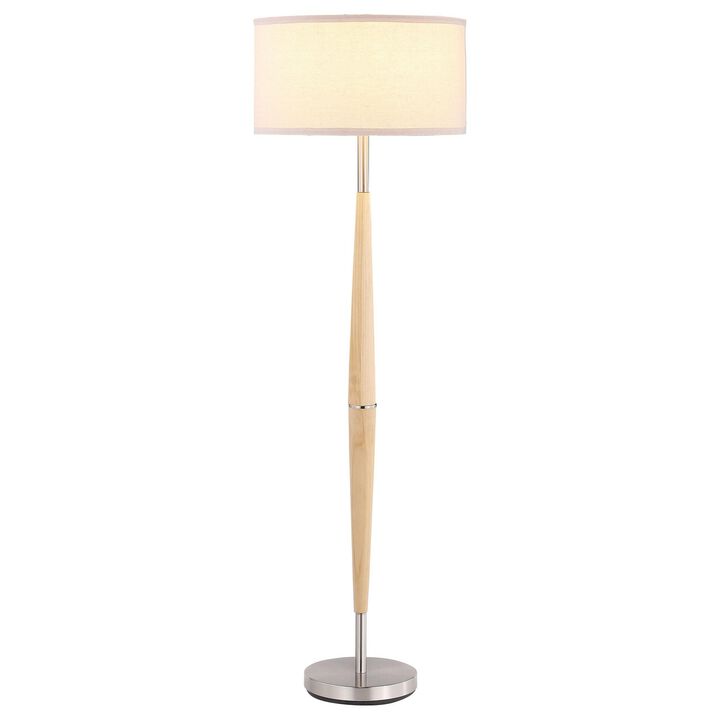 Nary Floor Lamp, 58 Inch Tapered Wood Stem, White Fabric, Chrome Metal - Benzara