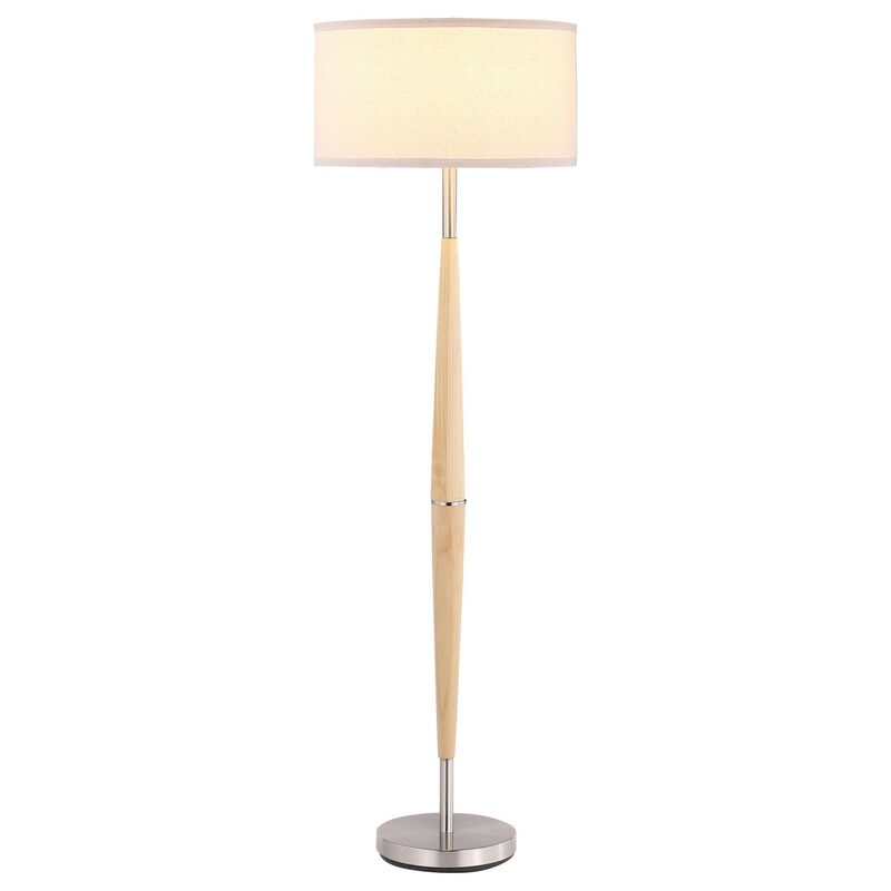 Nary Floor Lamp, 58 Inch Tapered Wood Stem, White Fabric, Chrome Metal - Benzara