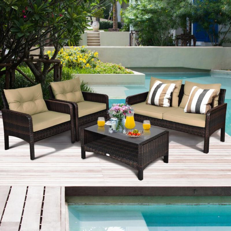 Hivvago 4 Pieces Patio Rattan Sofa Set Free-Combination with Cushion and Coffee Table