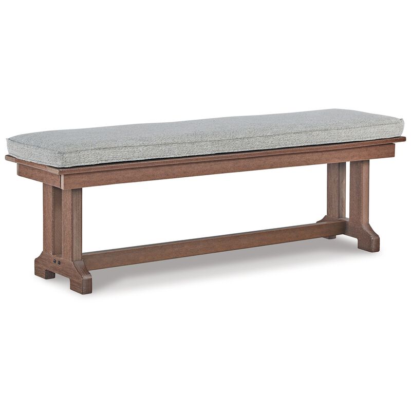 Emme 54 Inch Outdoor Dining Bench, Brown Base, Gray Padded Cushioning - Benzara