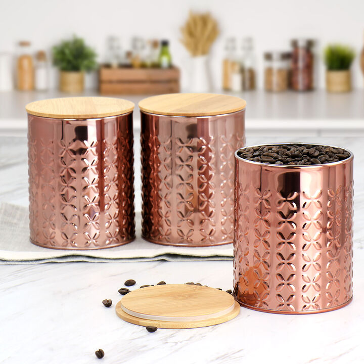 MegaChef 3 Piece Golden Kitchen Canister Set with Bamboo Lids in Rose Gold
