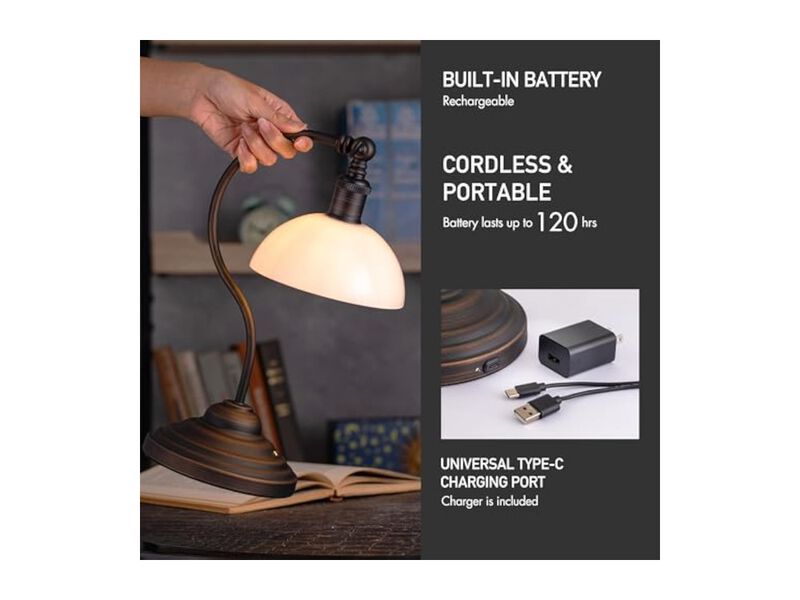 Rechargeable Cordless Battery Operated Glass Bronze Table Lamp For Bedroom White image number 2