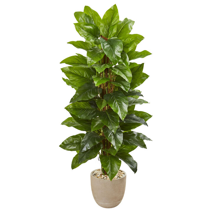 HomPlanti 58" Large Leaf Philodendron Artificial Plant in Sand Stone Planter (Real Touch)