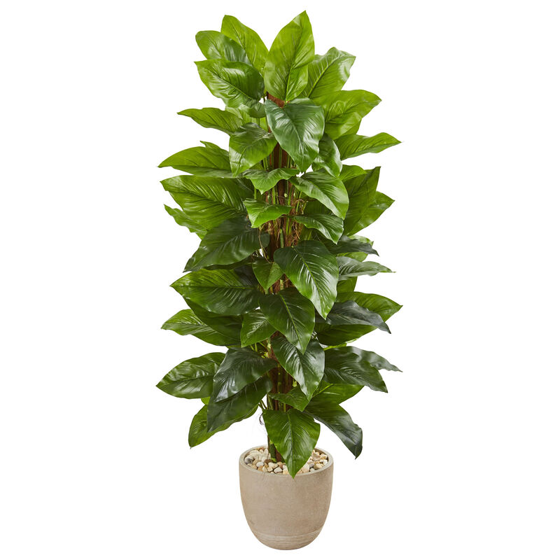 Hivvago 58" Large Leaf Philodendron Artificial Plant in Sand Stone Planter (Real Touch)