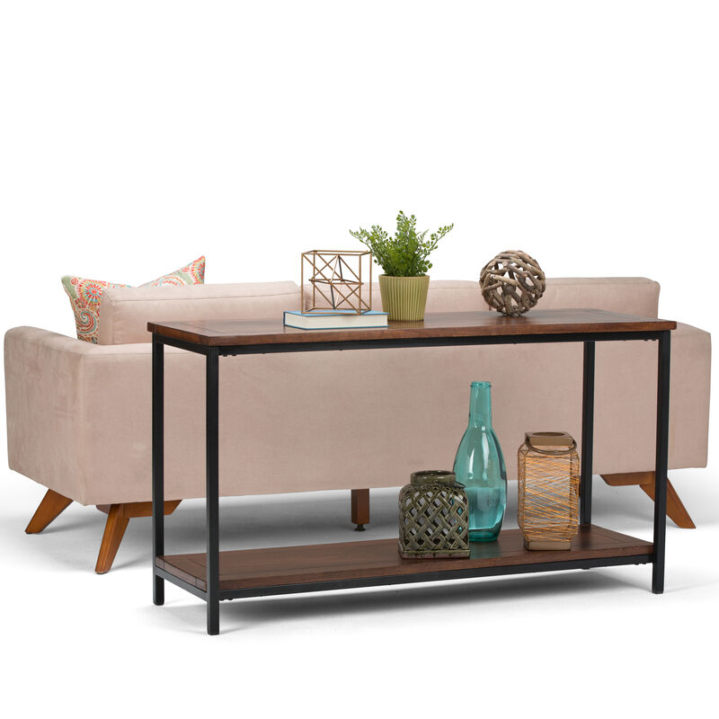 Skyler SOLID MANGO WOOD and Metal 54 inch Wide Industrial Console Sofa Table in Dark Cognac Brown