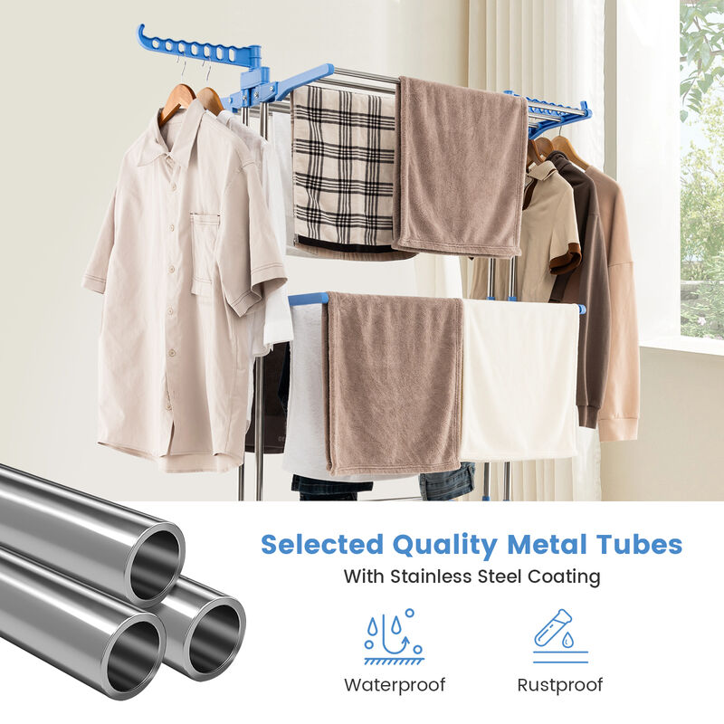 4-tier Folding Clothes Drying Rack with Rotatable Side Wings-Blue and Silver