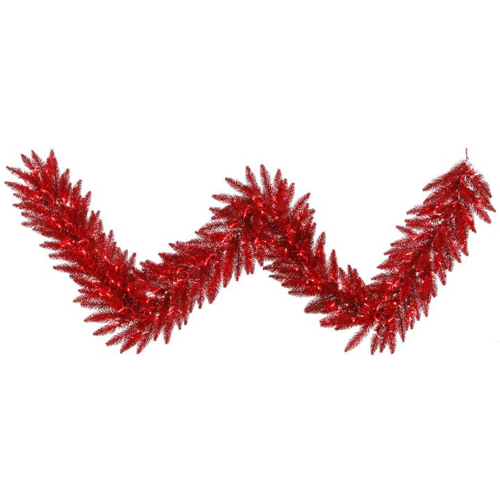 Vickerman 9' Tinsel Red Artificial Christmas Garland, Red Dura-Lit LED Lights. - Faux Tinsel Christmas Garland - Indoor Seasonal Home Decor