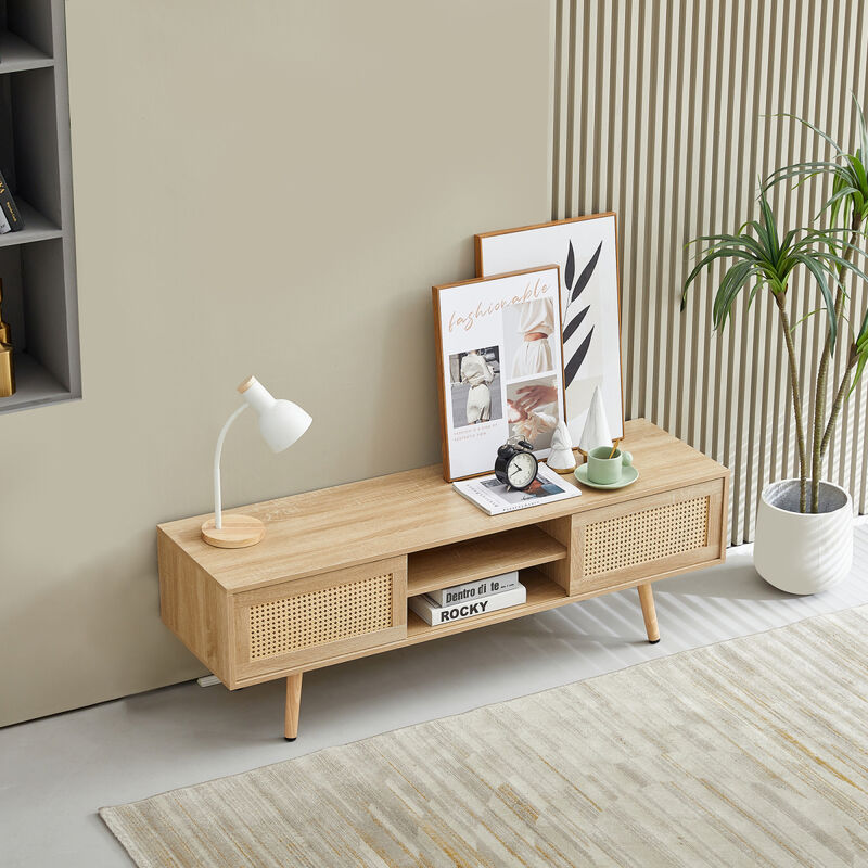 Streamdale Natural Rattan TV Cabinet with Sliding Doors