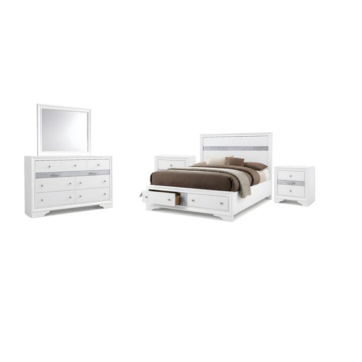 Cevy 5pc Queen Bedroom Set, 2 Nightstands, Silver Accents, White Wood