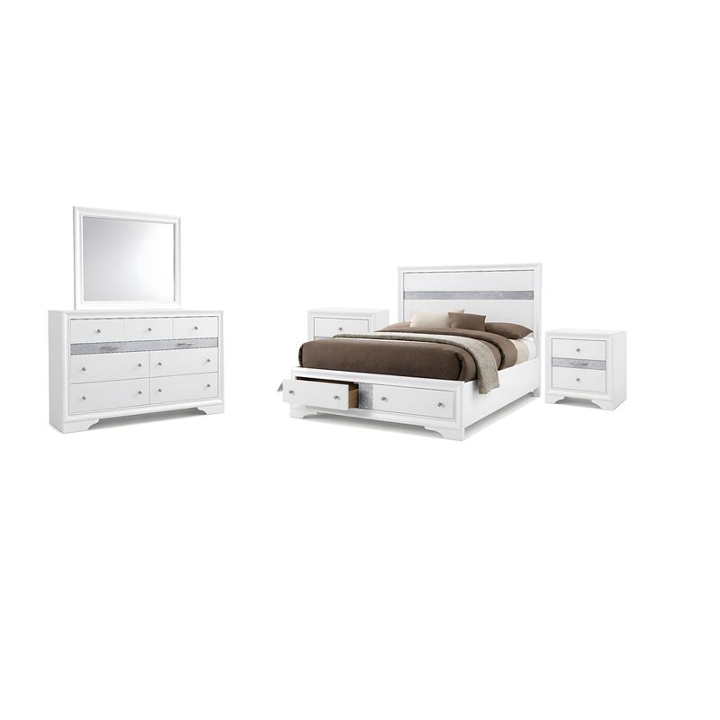 Cevy 5pc Queen Bedroom Set, 2 Nightstands, Silver Accents, White Wood image number 0