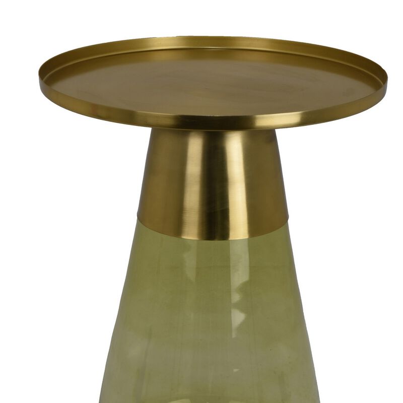 Palio Plant Stand Accent Table, Round Gold Metal, Green Glass Tapered - Benzara