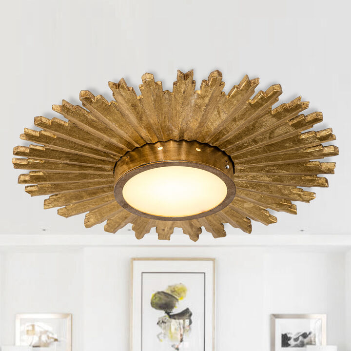 22" Retro Gold Handmade Sunburst LED Flush Mount Ceiling Light