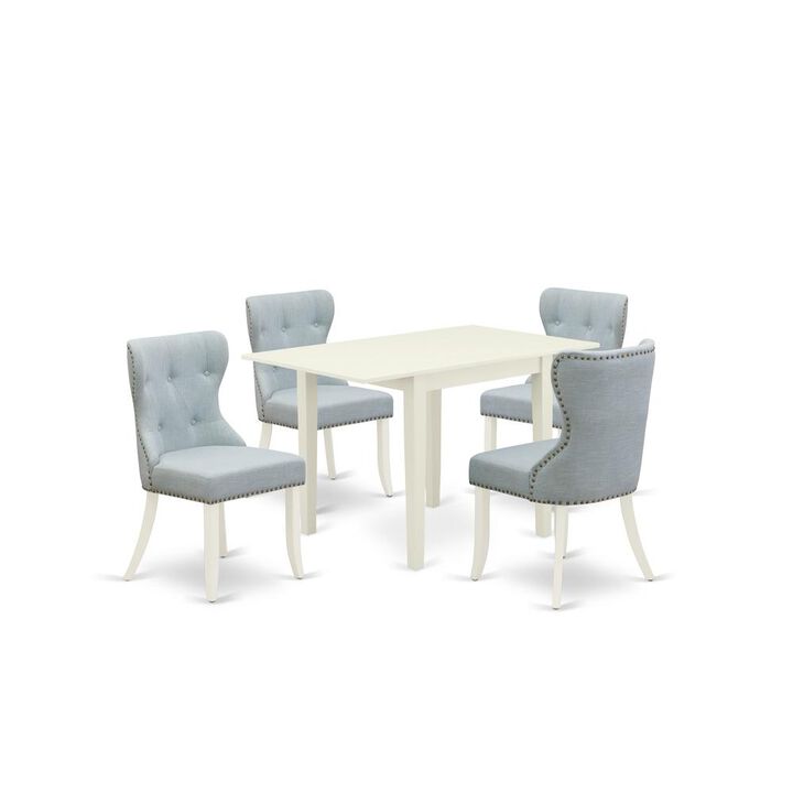 East West Furniture East-West Furniture NDSI5-LWH-15 - A wooden dining table set of 4 amazing dining chairs with Linen Fabric Baby Blue color and a lovely dining table with Linen White color