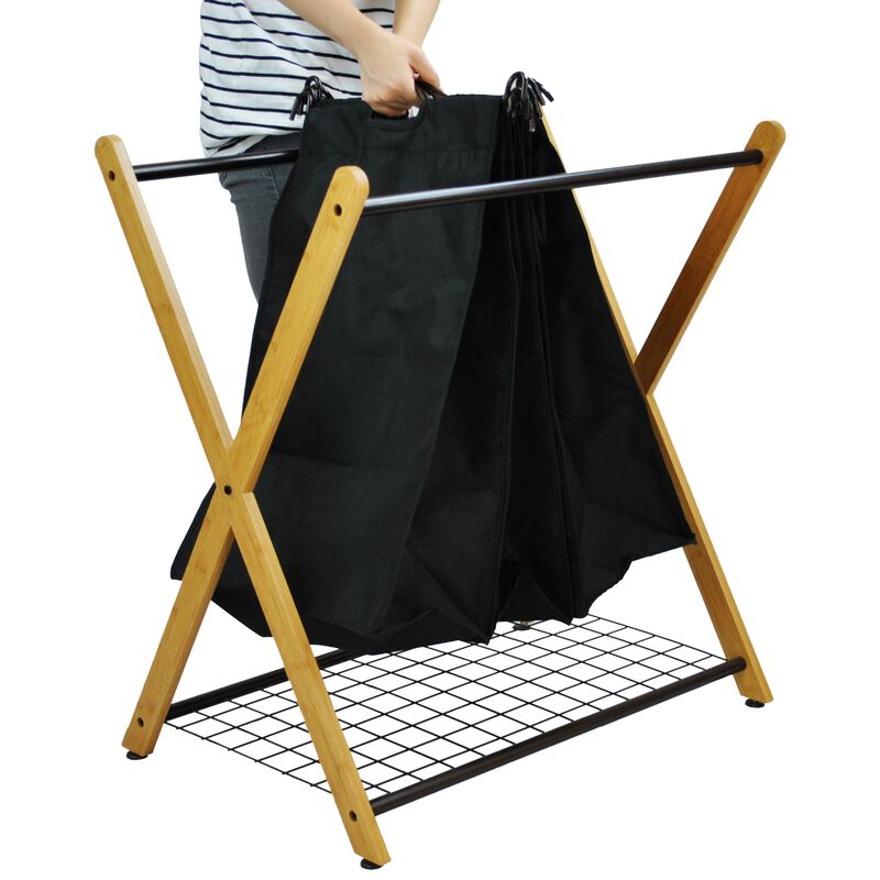 Oceanstar X-Frame Bamboo 3-Bag Laundry Sorter, Black