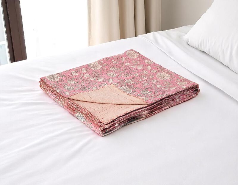 HomeRoots 50" X 70" Pink And Blush Floral Cotton Quilted Kantha Throw Blanket with Embroidery image number 1