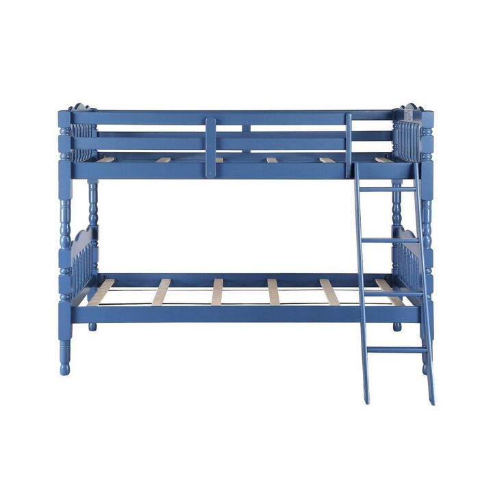 Alice Classic Twin Bunk Bed with Ladder, Guard Rail, Carved Legs, Blue-Benzara