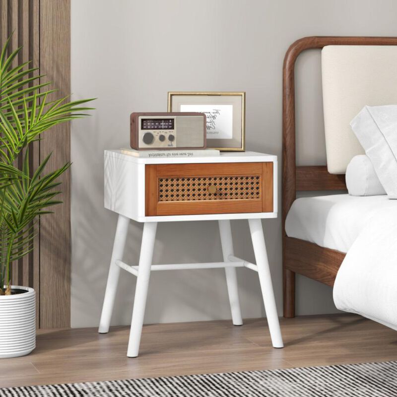 Hivvago Rattan Nightstand Mid Century Modern Accent Table with Drawer