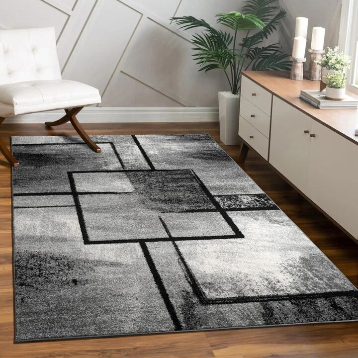 Area Rug in Black and White with Modern Paint Effect and Geometric Pattern