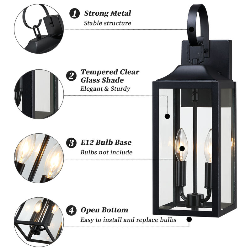 19 in. Modern Farmhouse Black 2-Light Dimmable Outdoor Wall Lantern with Clear Glass Shade(Set of 2) image number 5