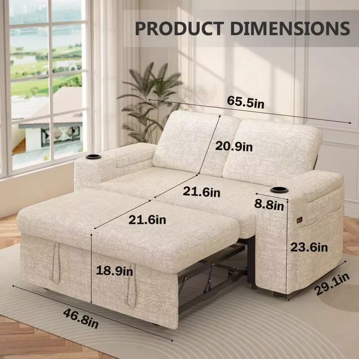 65.5" 4-in-1 Sofa Bed with Adjustable Backrests, USB & Type-C Charging, Cup Holders, Side Pockets