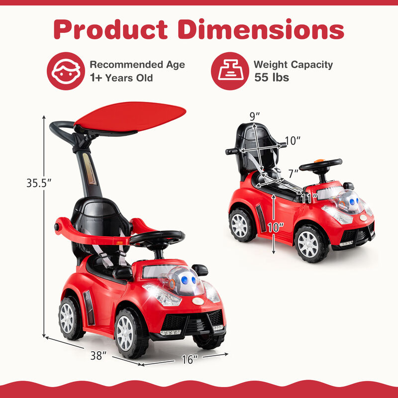 3-in-1 Toddler Ride-On Push Car with Canopy, Seat Belt and Footrest image number 2