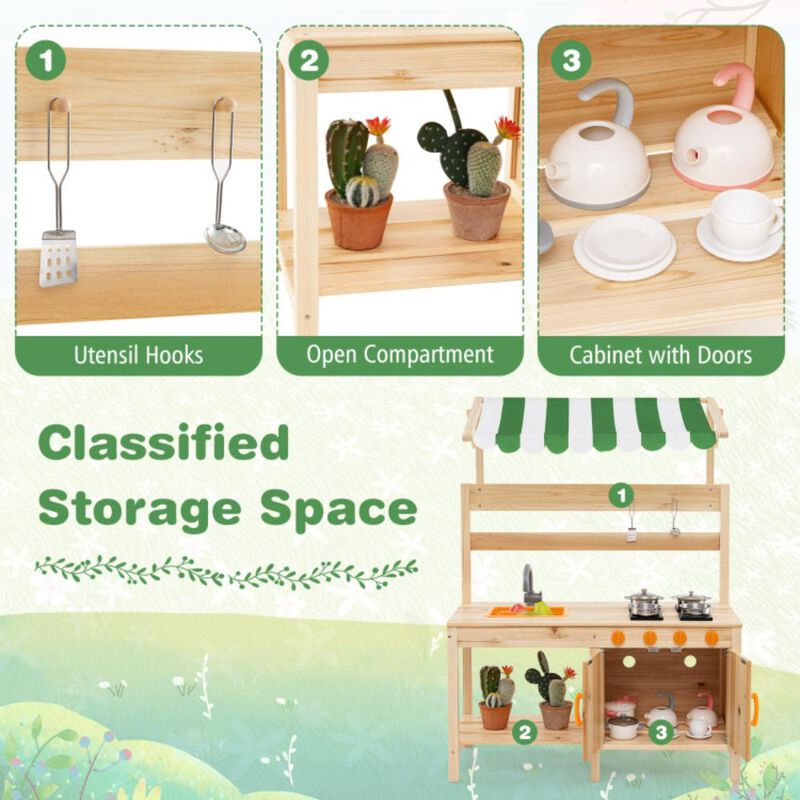 Hivvago Mud Kitchen Fir Wood Play Kitchen with Canopy and Sink and 4 Stoves