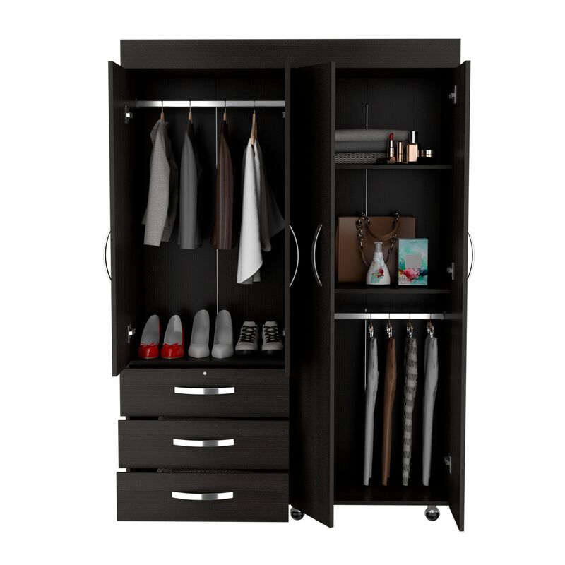 Denver Adjustable Armoire, Rods, Double Door Cabinet, Three Drawers, Two Shelves -Black