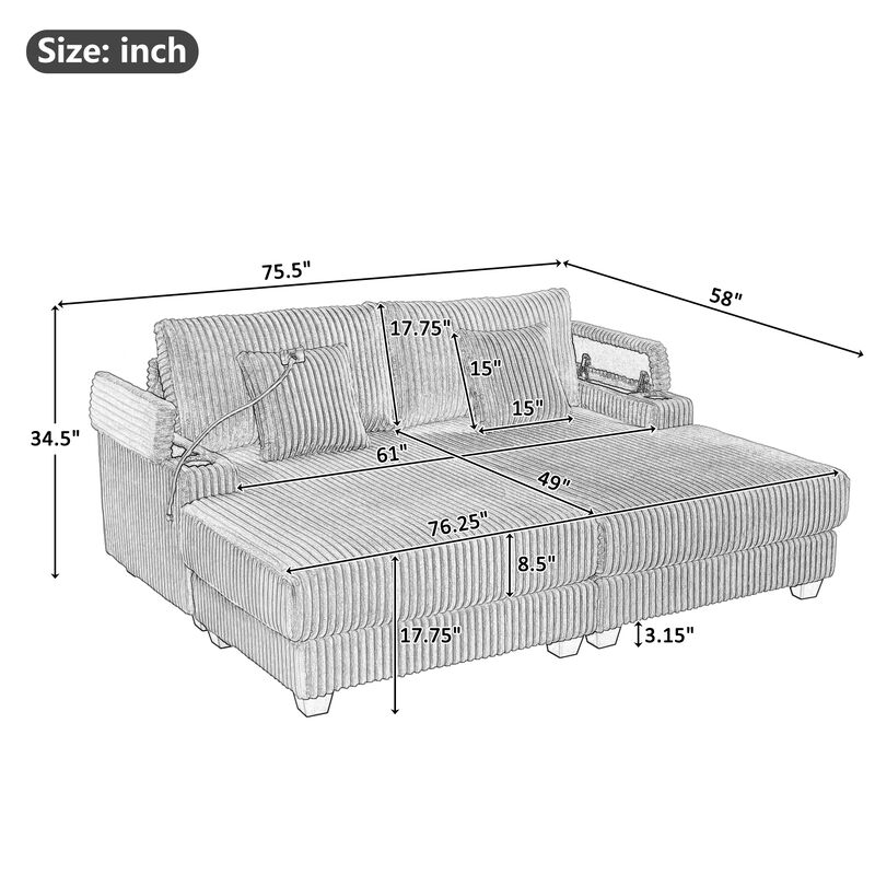 Merax Modern Chaise Sofa 75.5" Chaise Lounge Sofa Loveseat Sofa Sleeper Sofa with Adjustable Backrest