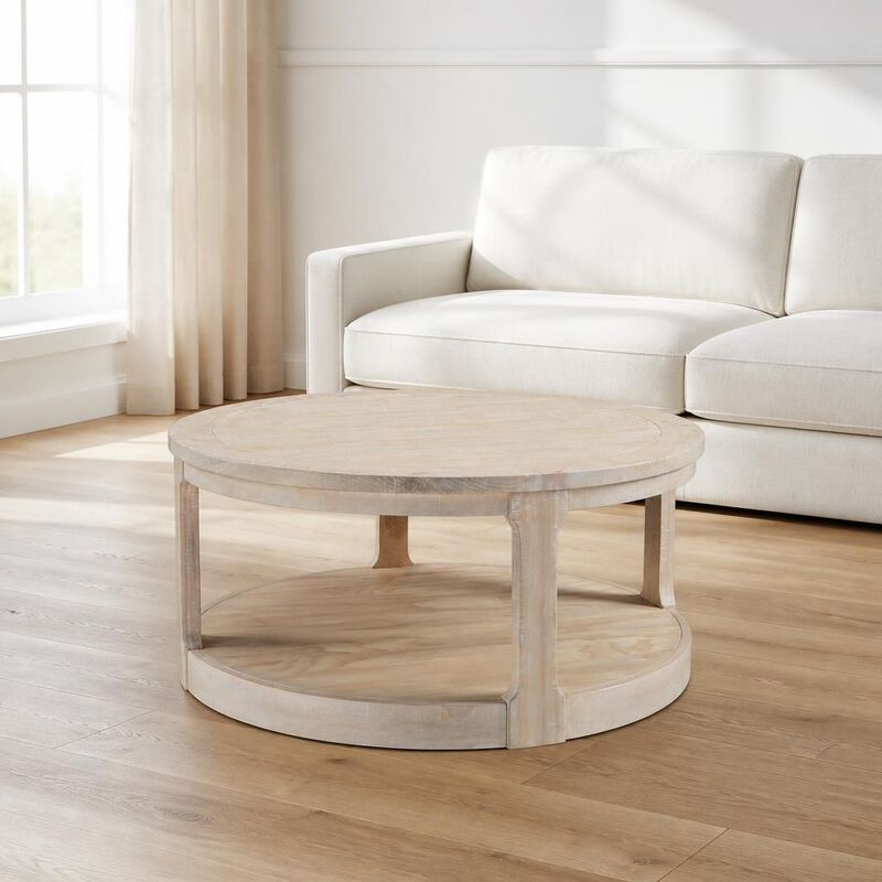 GOODSILO 40 Inch Large 2-Tier Round Wooden Center Coffee Table with Wheels, Rustic Style for Living Room Office Apartment image number 2