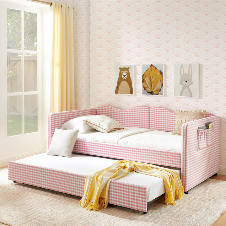 Merax Gingham Daybed with Trundle & Guardrails &ndash; Solid Wood Frame, Side Storage Pocket