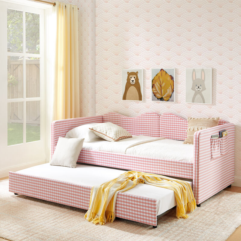 Merax Gingham Daybed with Trundle & Guardrails &ndash; Solid Wood Frame, Side Storage Pocket image number 1