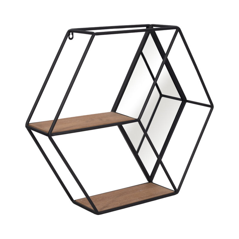 Metal/wood 20" Hexagon Mirrored Wall Shelf