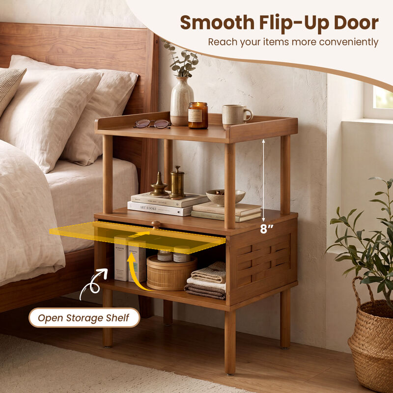 Bamboo Rattan Nightstand with Raised Edge Flip-Up Door and Open Shelf image number 4