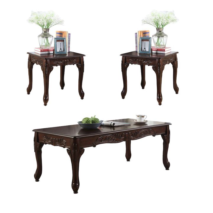 Roundhill Furniture Blush 3-Pc Dark Cherry Finish Wood Coffee & End Table Set