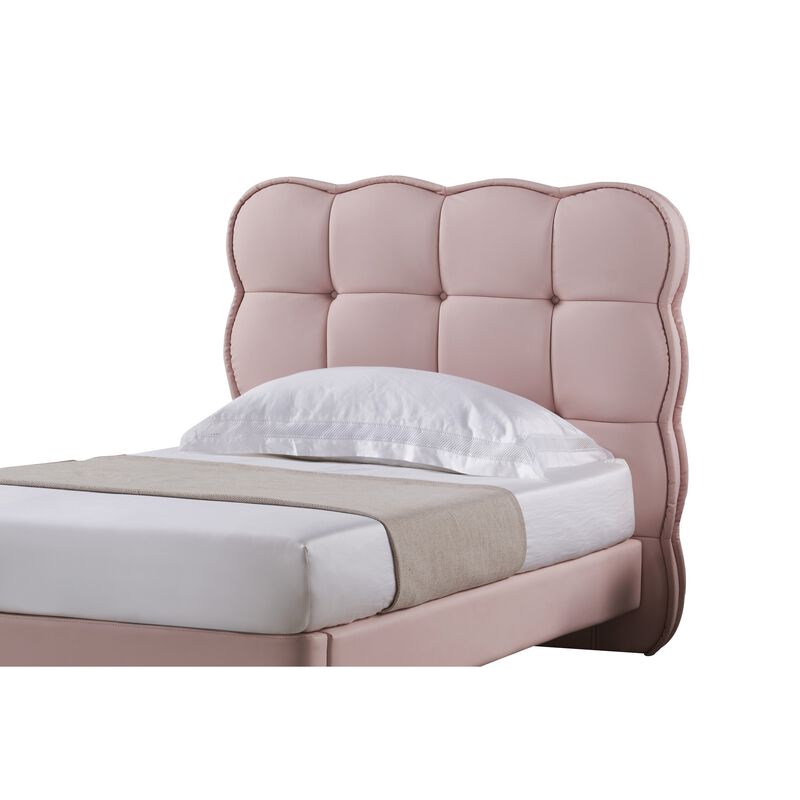 Jeny Queen Size Bed, Pink Leather Upholstered Tufted Headboard, Wood - Benzara