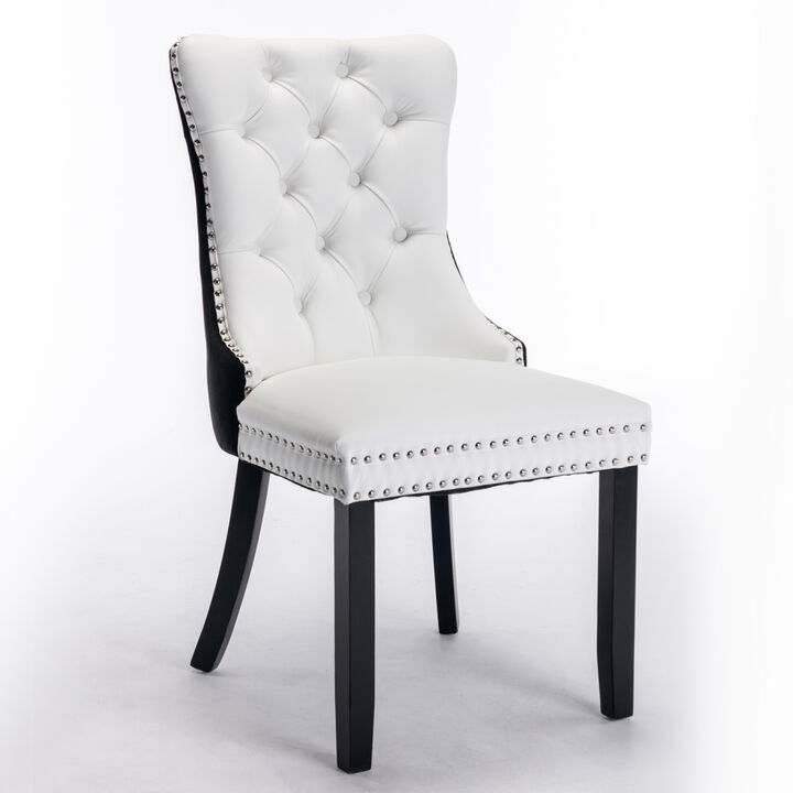 Modern, High-end Tufted Solid Wood Contemporary PU and Velvet Upholstered Dining Chair with Wood Legs Nailhead Trim 2-Pcs Set, White+Black