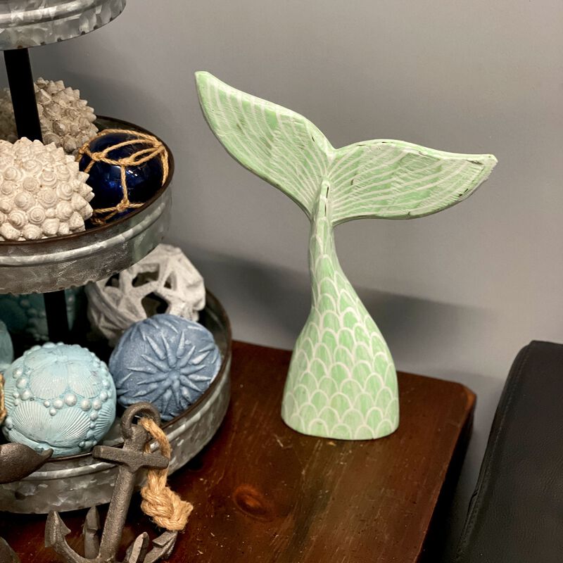 Turquoise Wood Mermaid Tail Sculpture 1375 Coastal Table Decor Ocean Art image number 7