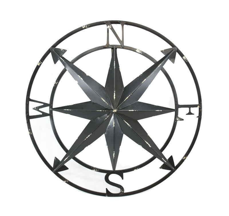 20 Inch Distressed Black Finish Metal Compass Rose Nautical Wall Hanging image number 0