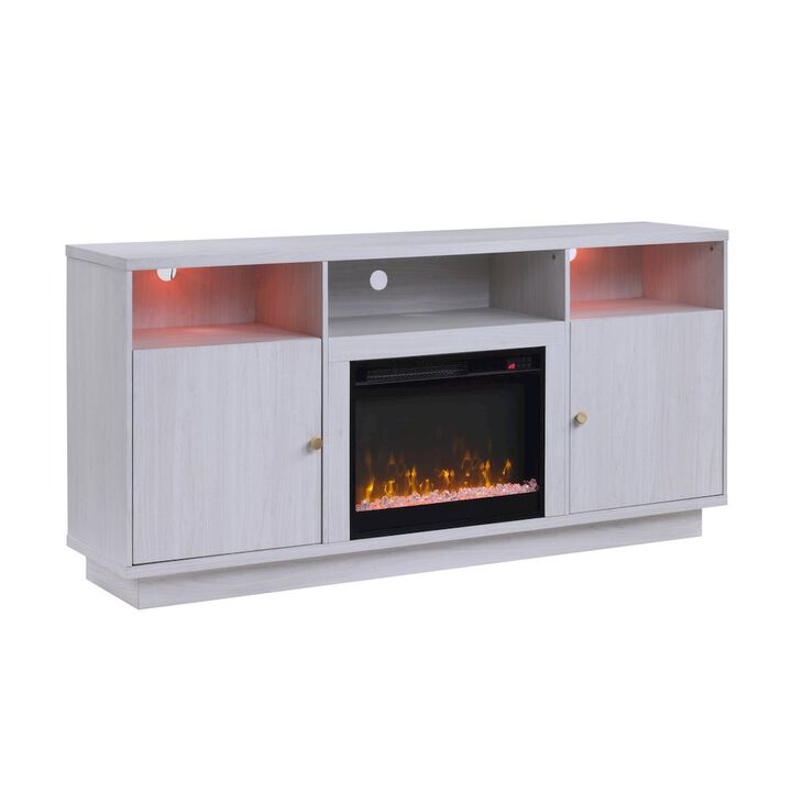 70"W White Walnut Finish Fireplace Console TV Stand with LED Light, Cabinets