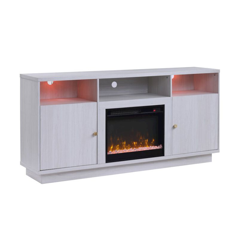 70"W White Walnut Finish Fireplace Console TV Stand with LED Light, Cabinets
