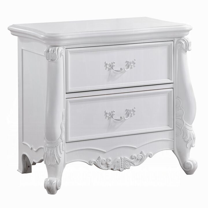 Maver Nightstand with 2 Drawers Scrolled Details, 32 Inch White Wood - Benzara
