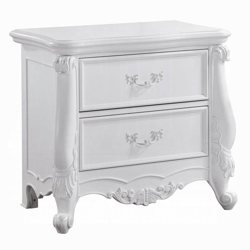 Maver Nightstand with 2 Drawers Scrolled Details, 32 Inch White Wood - Benzara