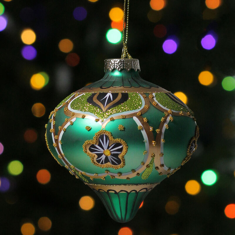 4.5" Green Gold Black Floral Bead and Jewel Glass Onion Christmas Ornament image number 1