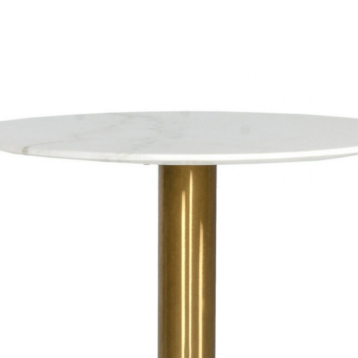 20 Inch Marble Top Bar Table with Pedestal Base, White and Gold - Benzara